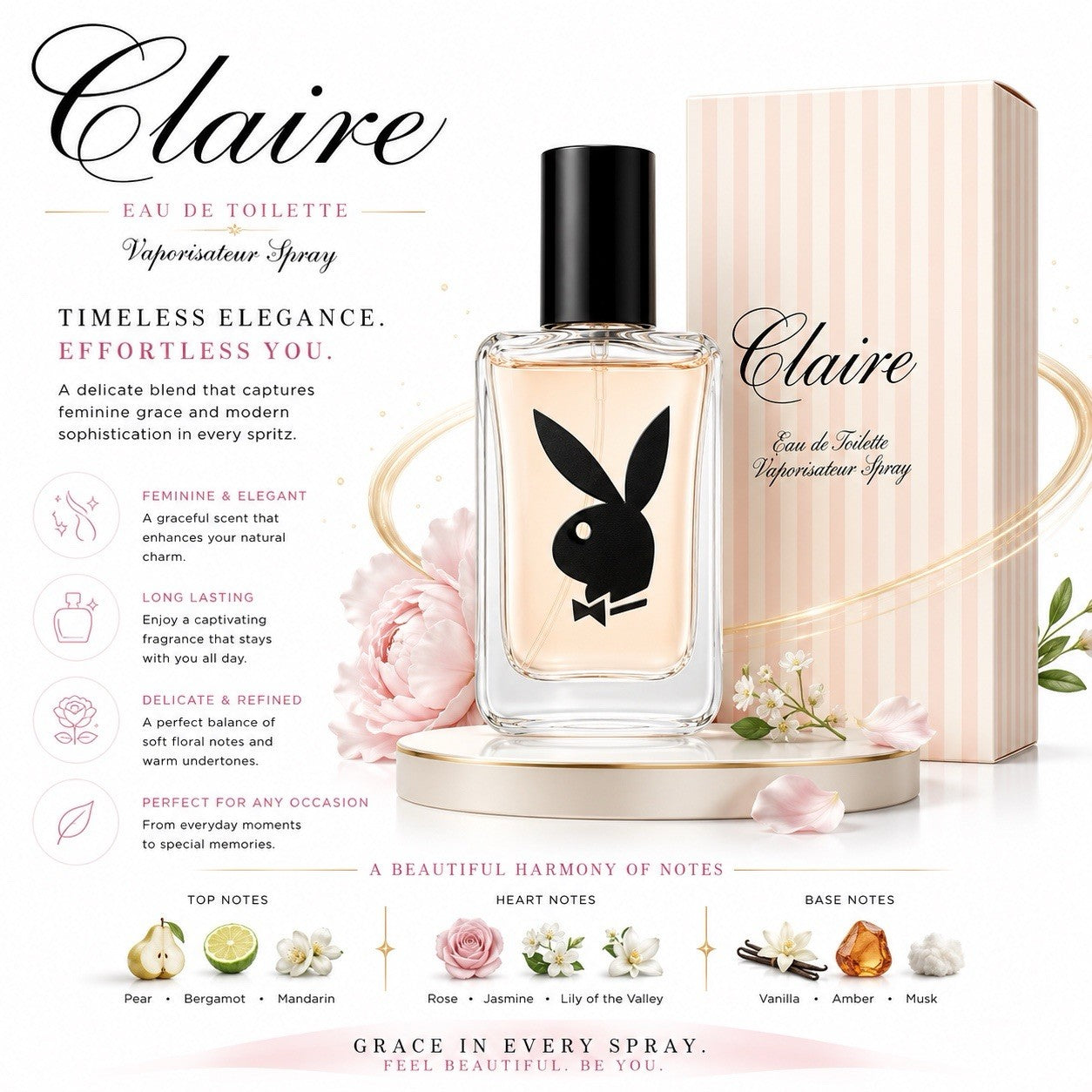 Playboy Claire Eau De Toilette EDT Spray for Women 50ml 1.7 fl oz New