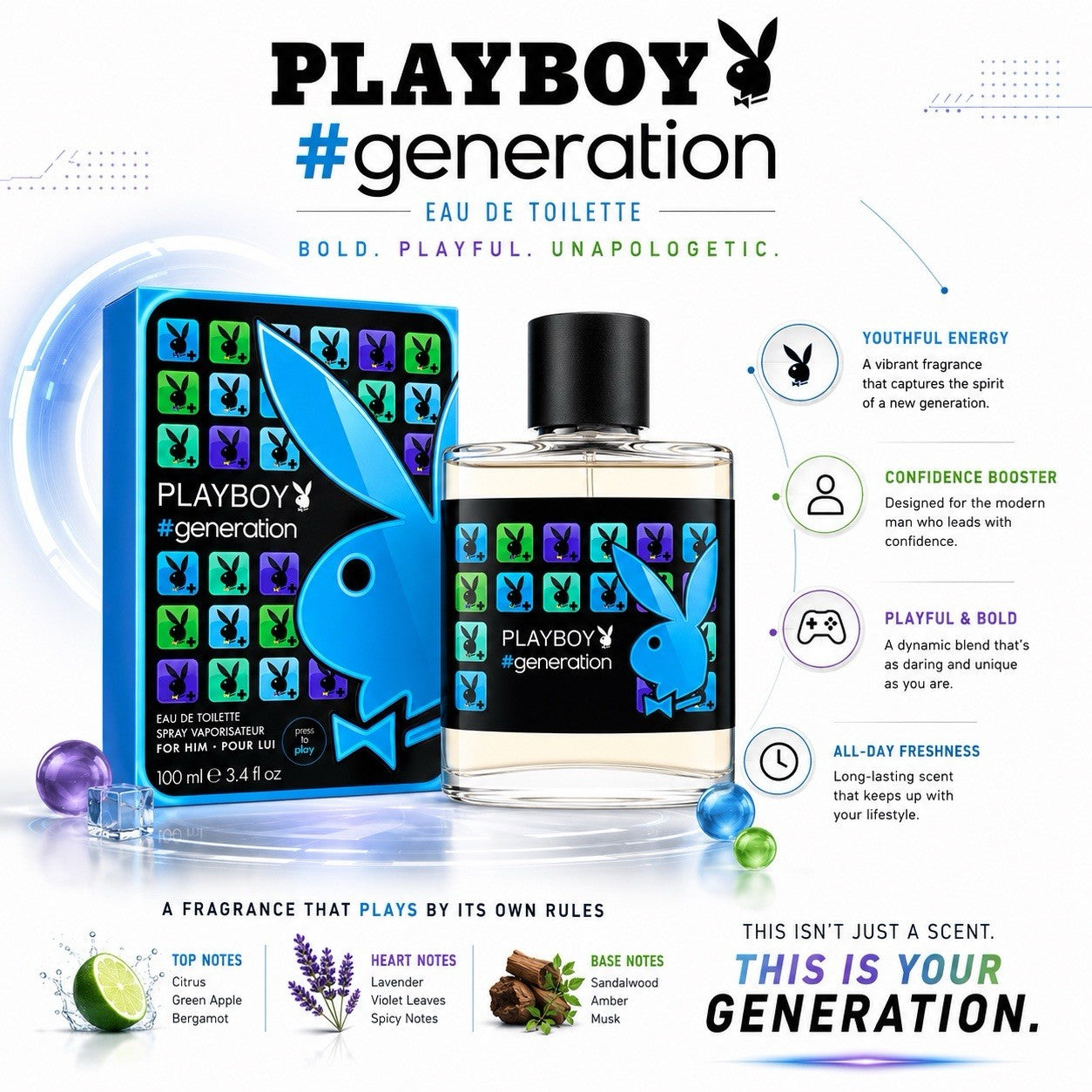 Playboy #Generation Eau De Toilette Spray for Men 100ml 3.4 fl oz New