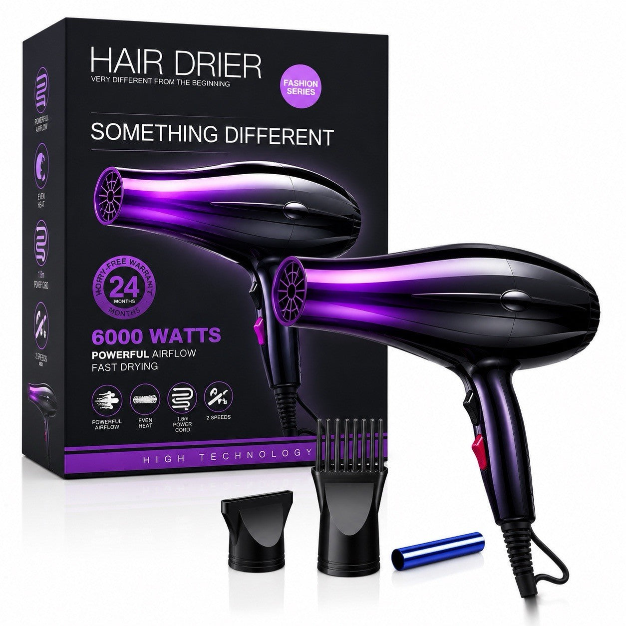 Professional Hair Dryer 2 Speed 2 Heat Settings Cool Shot Black Purple