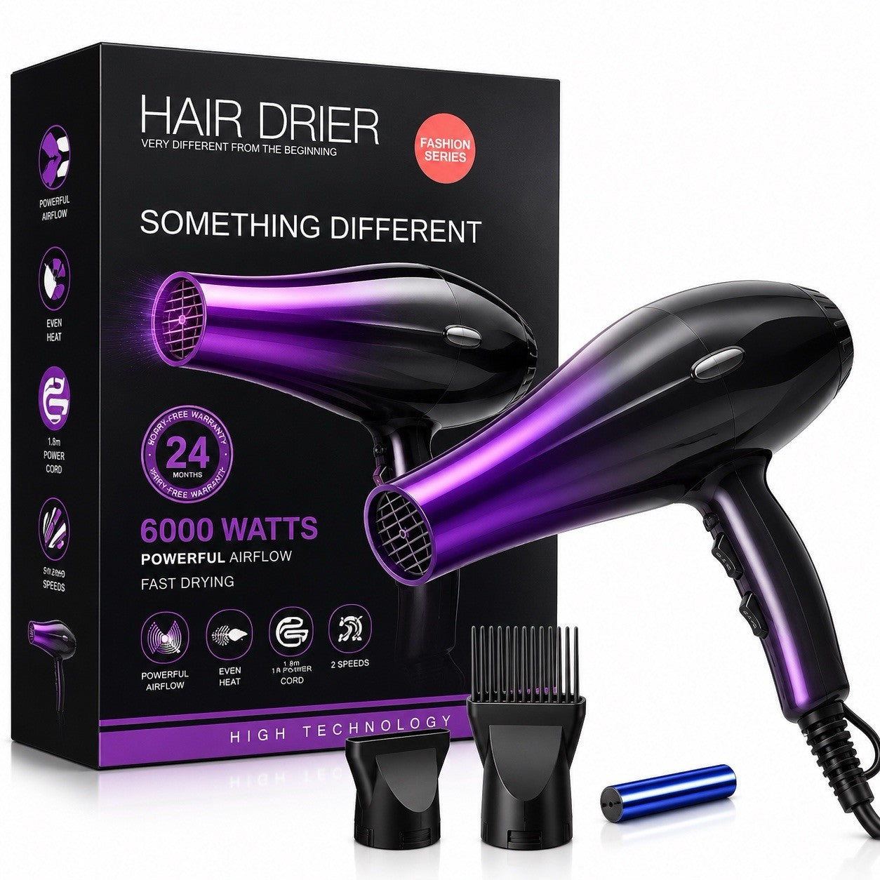 Professional Hair Dryer 2 Speed 2 Heat Settings Cool Shot Black Purple