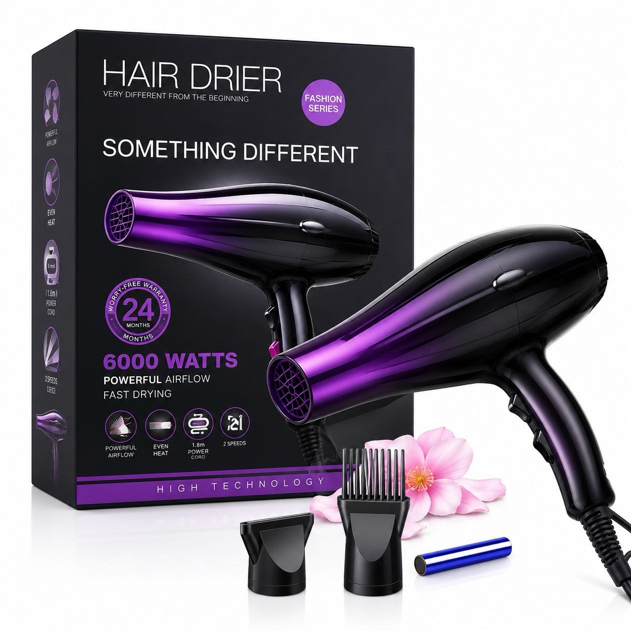 Professional Hair Dryer 2 Speed 2 Heat Settings Cool Shot Black Purple - Lumi and Leo