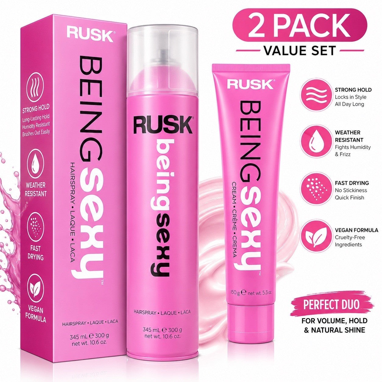 RUSK Being Sexy Hair Styling Duo Hairspray & Cream 2 Pack Value Set - Lumi and Leo