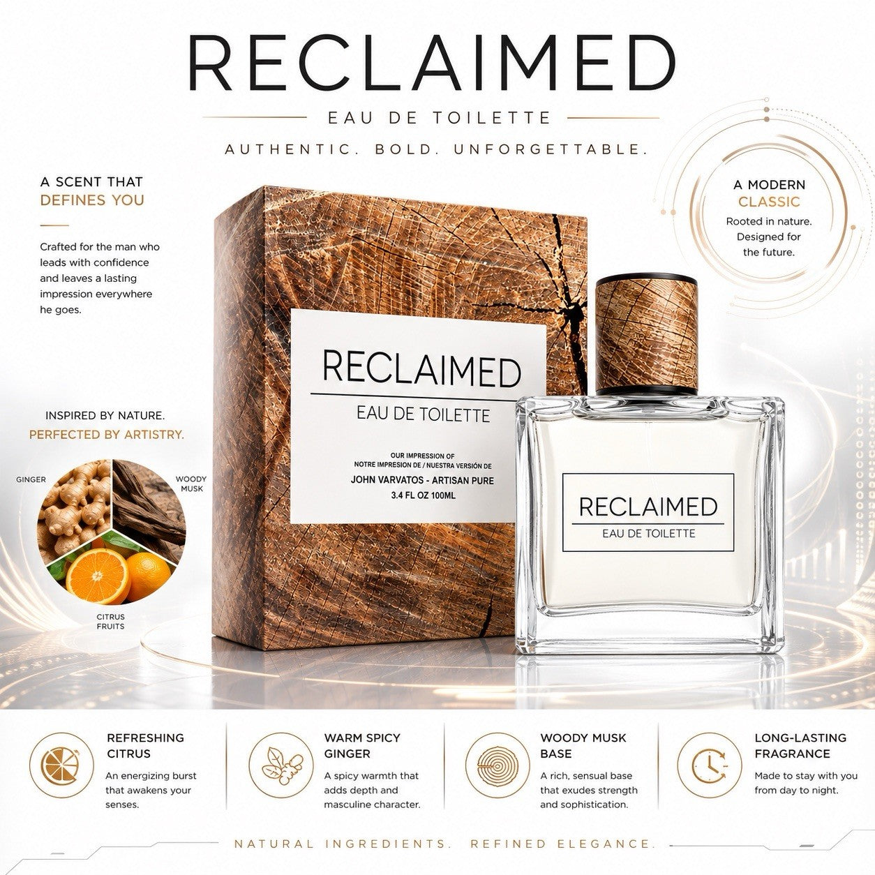 Reclaimed Eau de Toilette for Men 100ml Long Lasting Citrus Woody Fragrance - Lumi and Leo