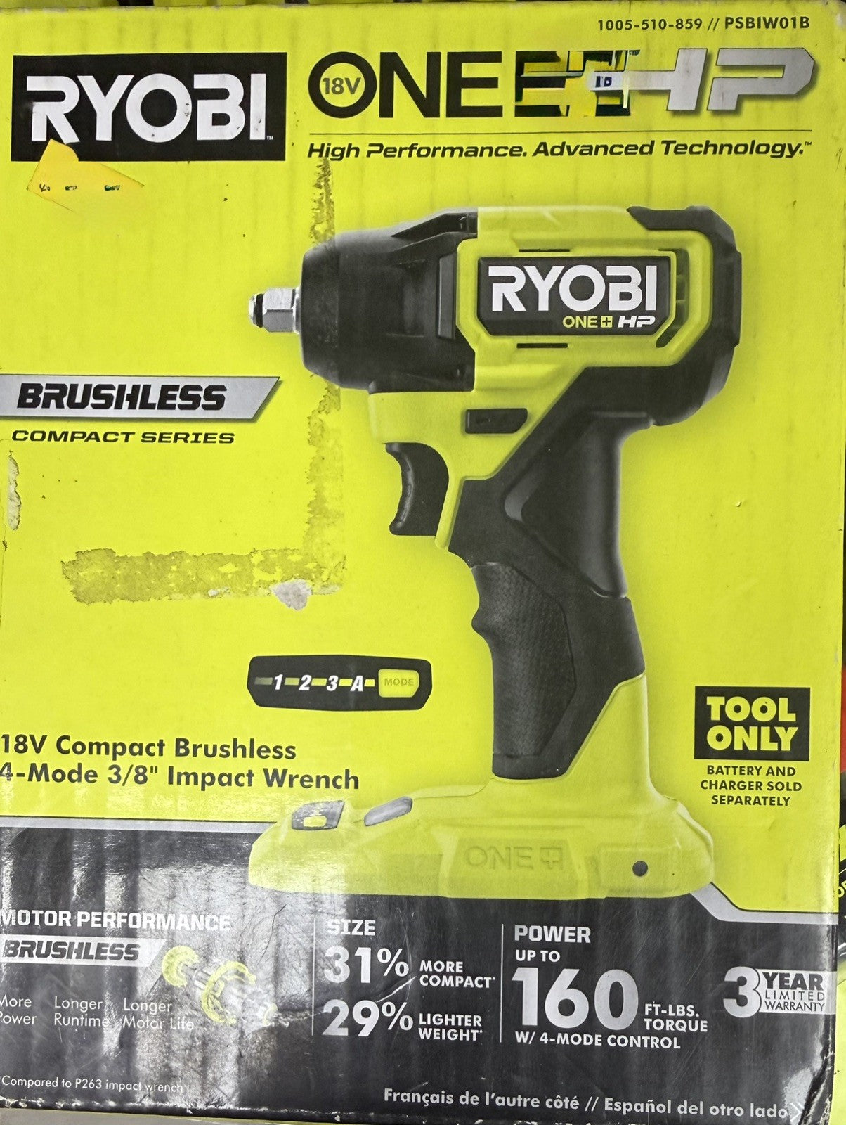 Ryobi P262 HP 18V Brushless Cordless 4-Mode 1/2 in. Impact Wrench Tool Only NEW