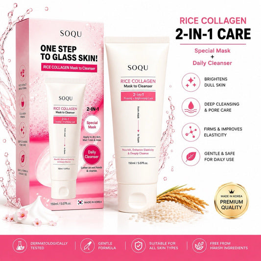 SOQU Rice Collagen 2-in-1 Glass Skin Mask Cleanser Korean Skincare 150ml - Lumi and Leo