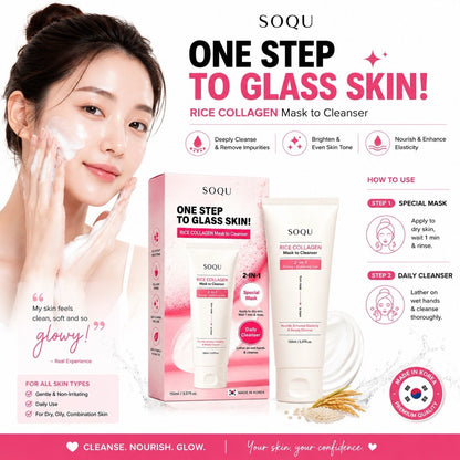 SOQU Rice Collagen 2-in-1 Glass Skin Mask Cleanser Korean Skincare 150ml - Lumi and Leo