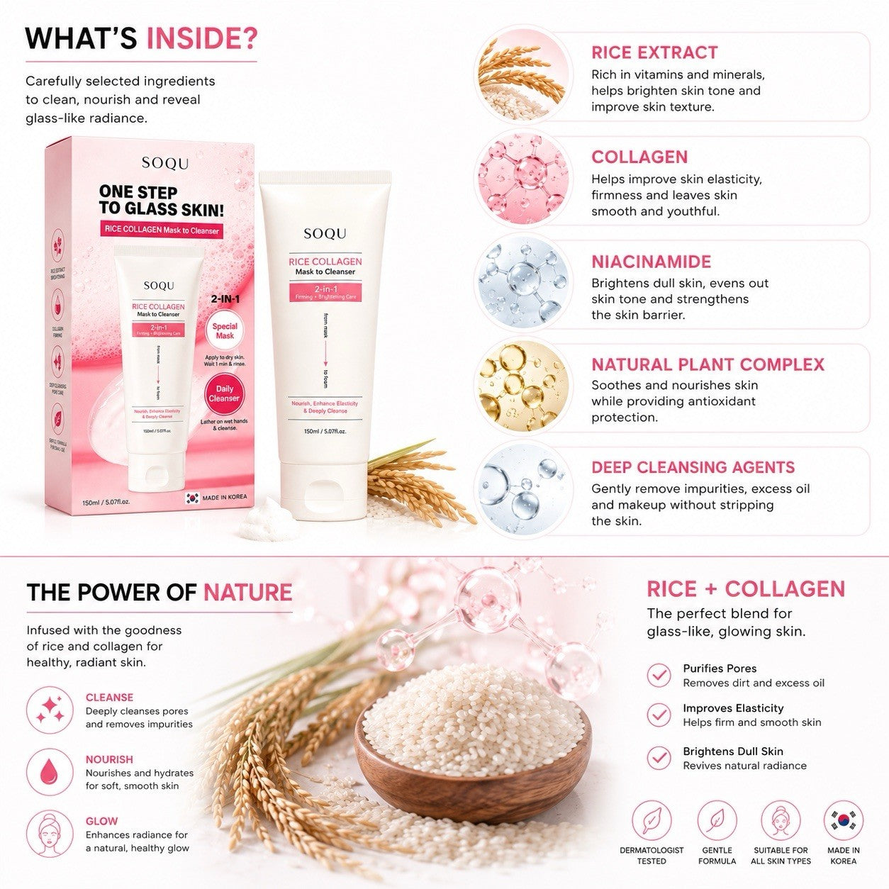 SOQU Rice Collagen 2-in-1 Glass Skin Mask Cleanser Korean Skincare 150ml - Lumi and Leo