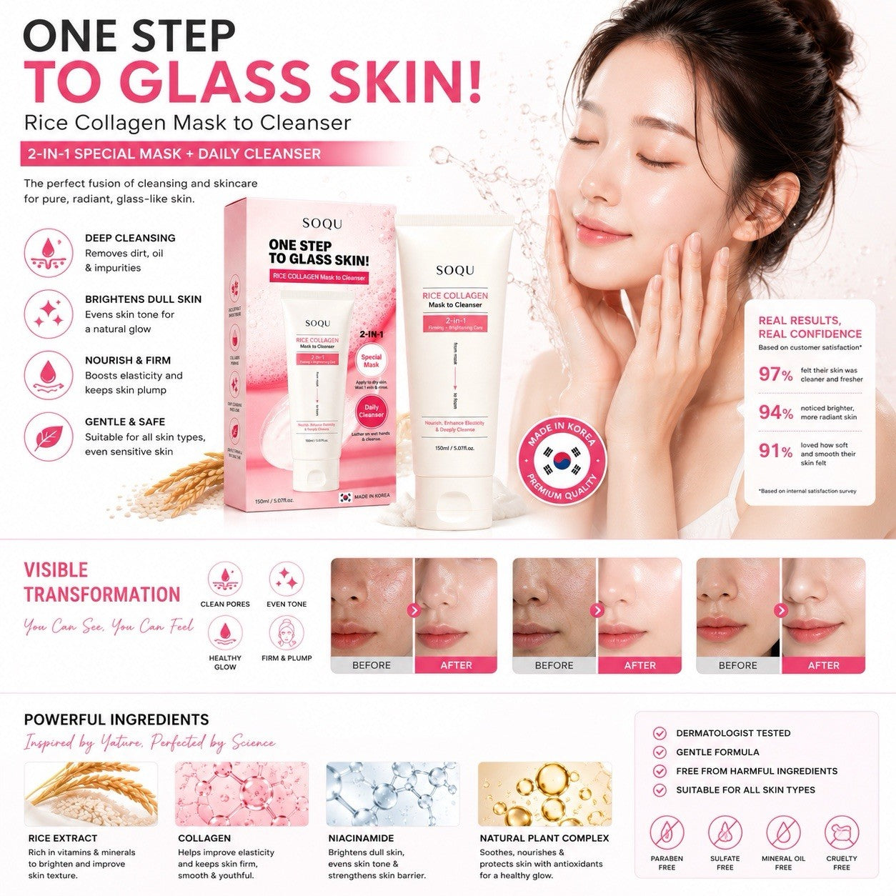 SOQU Rice Collagen 2-in-1 Glass Skin Mask Cleanser Korean Skincare 150ml