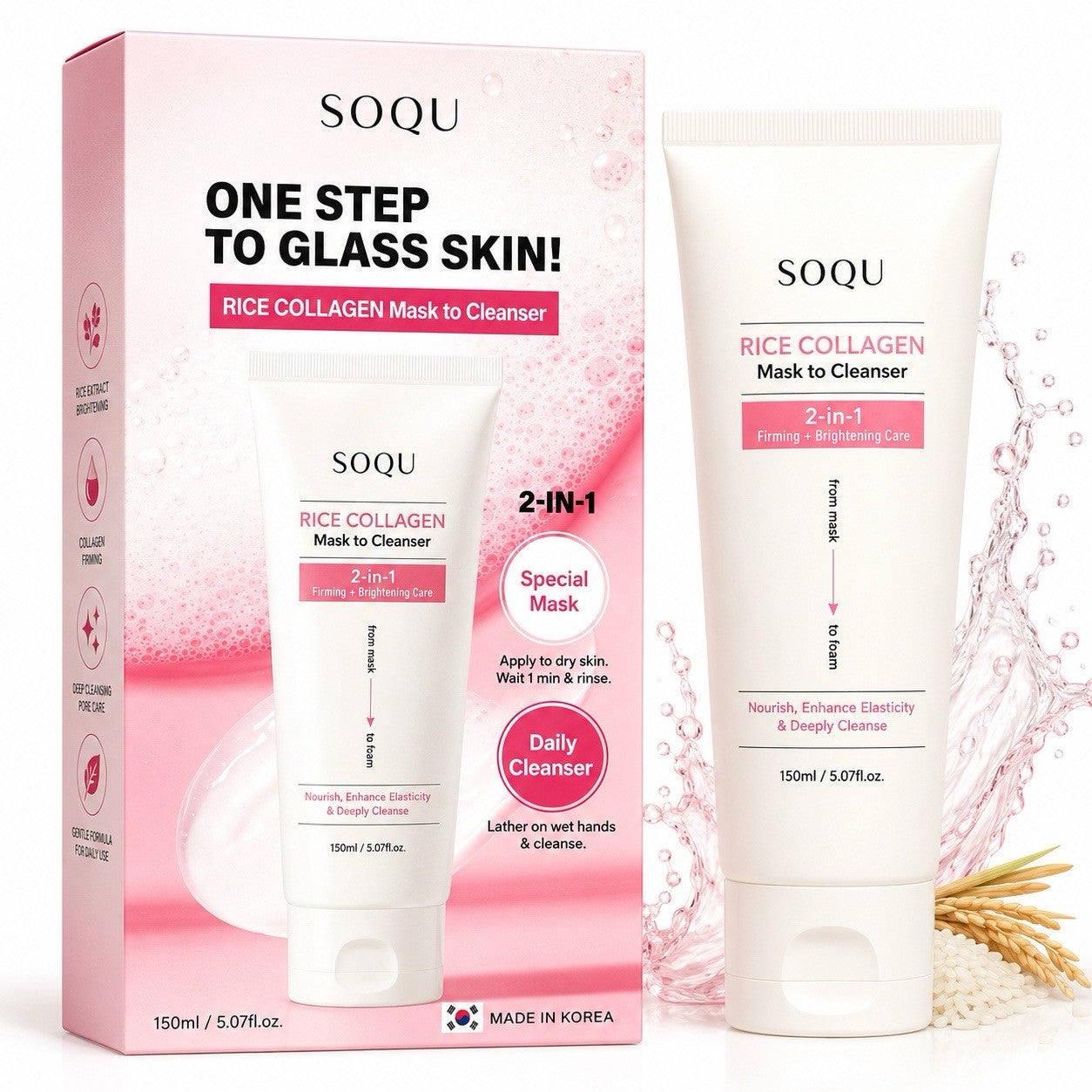 SOQU Rice Collagen 2-in-1 Glass Skin Mask Cleanser Korean Skincare 150ml - Lumi and Leo