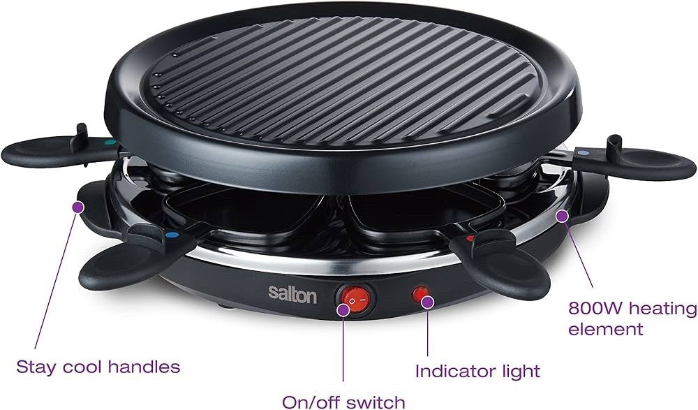Salton Party Grill & Raclette/New In Box/6 Large Non-Stick Pans/Non-Stick Grill