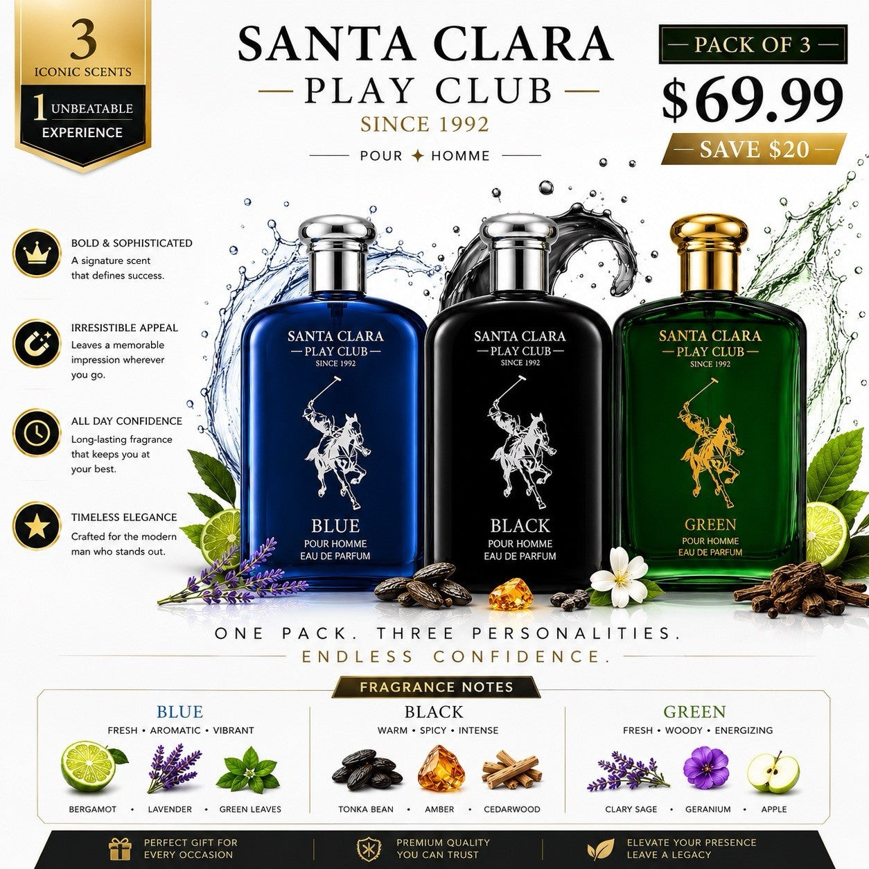 Santa Clara Play Club 3 Pack Blue Black Green EDP 100ml Men Perfume Set