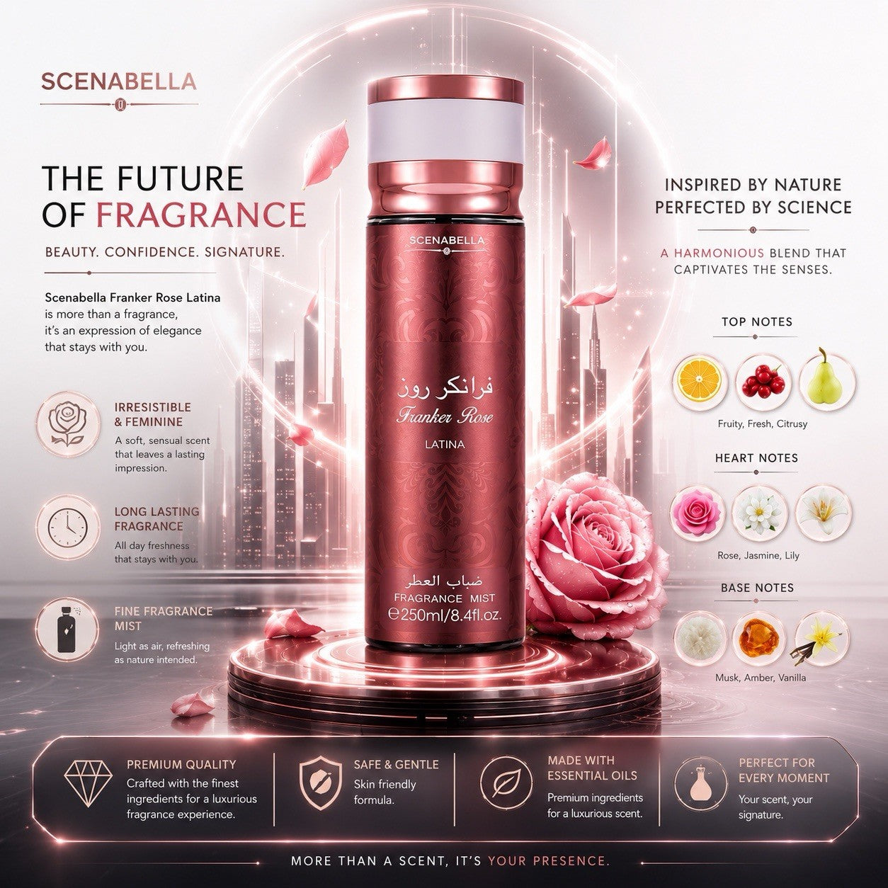 Scenabella Franker Rose Latina Fragrance Mist Body Spray 250ml 8.4oz Women