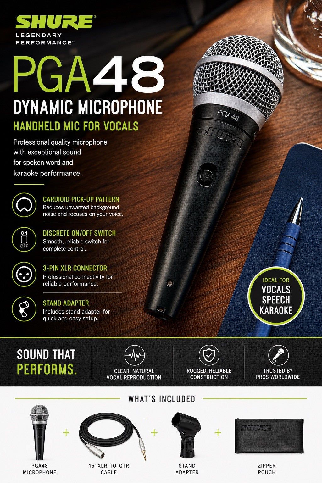 Shure - PGA48-QTR - Cardioid Dynamic Vocal Microphone with XLR to 1/4" Cable - Lumi and Leo