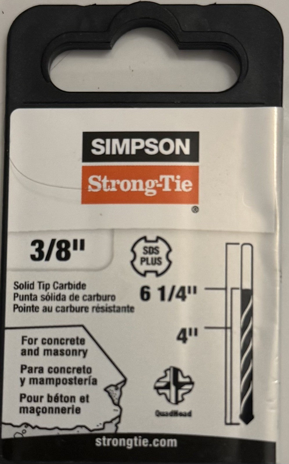 Simpson Strong-Tie 3/8" x 6-1/4" SDS Plus Carbide Masonry Drill Bit New