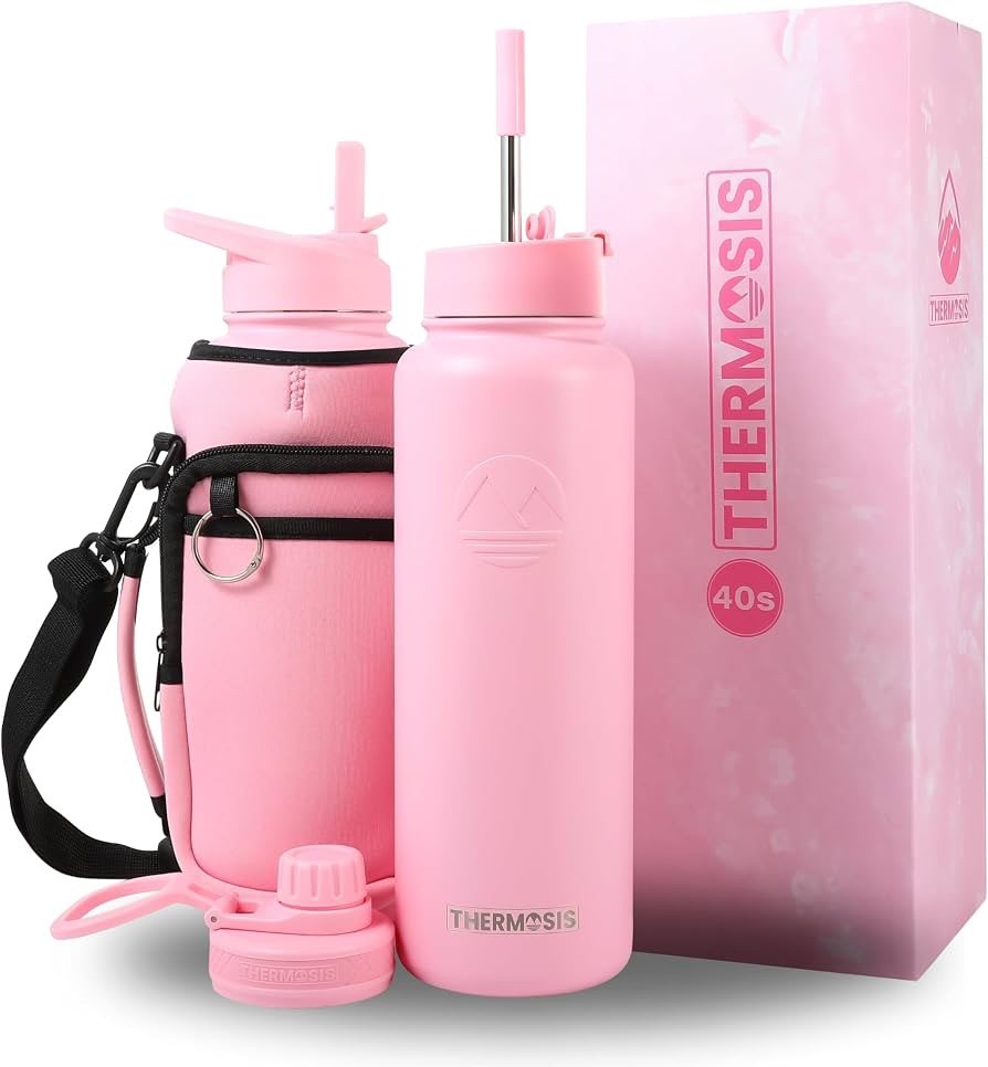 THERMOSIS 40oz Insulated Water Bottle w/Sleeve Strap Straw 3 Lids Pink
