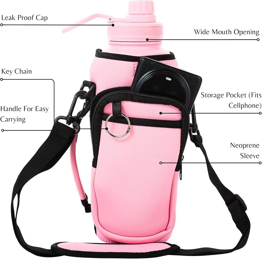 THERMOSIS 40oz Insulated Water Bottle w/Sleeve Strap Straw 3 Lids Pink