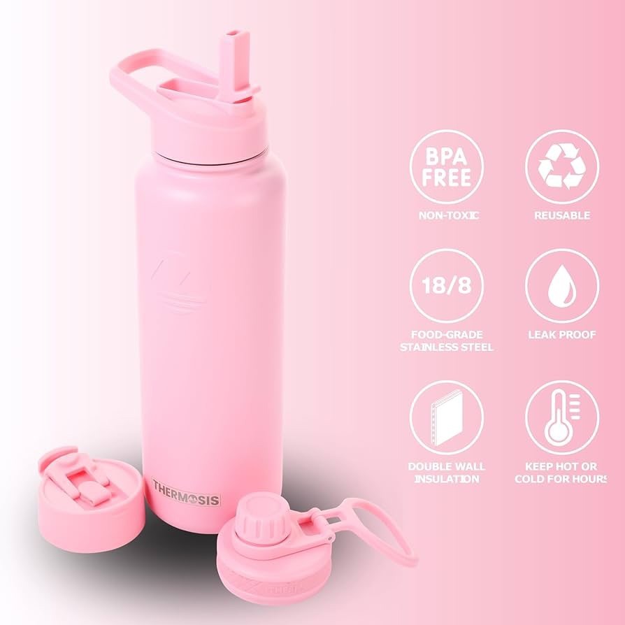 THERMOSIS 40oz Insulated Water Bottle w/Sleeve Strap Straw 3 Lids Pink - Lumi and Leo