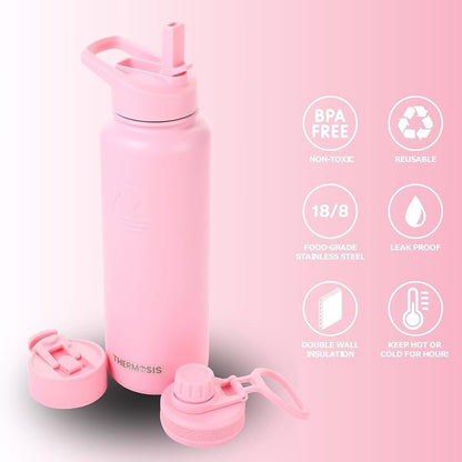 THERMOSIS 40oz Insulated Water Bottle w/Sleeve Strap Straw 3 Lids Pink - Lumi and Leo