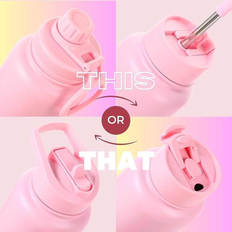 THERMOSIS 40oz Insulated Water Bottle w/Sleeve Strap Straw 3 Lids Pink - Lumi and Leo