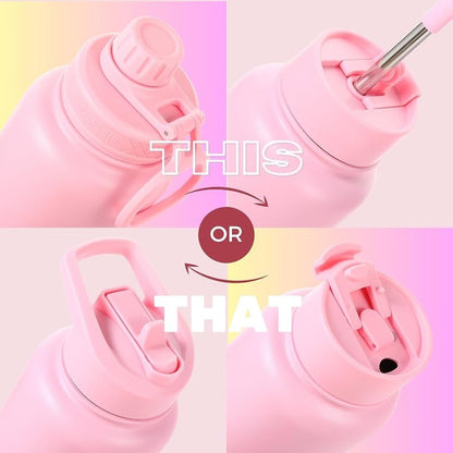 THERMOSIS 40oz Insulated Water Bottle w/Sleeve Strap Straw 3 Lids Pink - Lumi and Leo