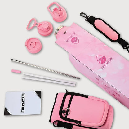 THERMOSIS 40oz Insulated Water Bottle w/Sleeve Strap Straw 3 Lids Pink - Lumi and Leo