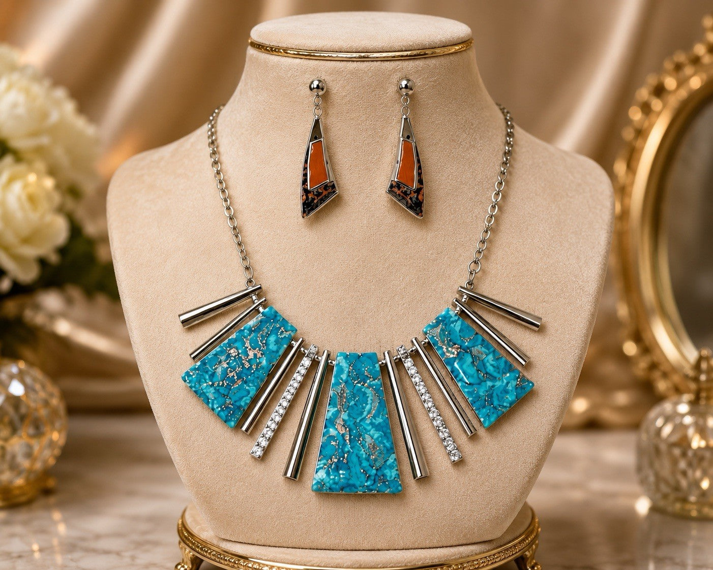 Turquoise Necklace Earrings Set Silver Tone Statement Jewelry