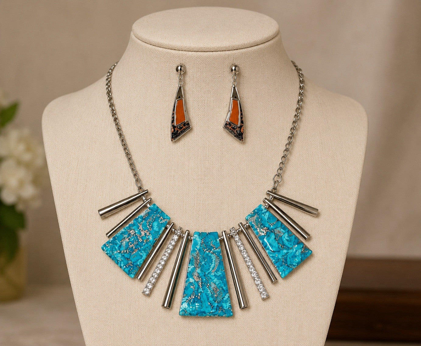 Turquoise Necklace Earrings Set Silver Tone Statement Jewelry