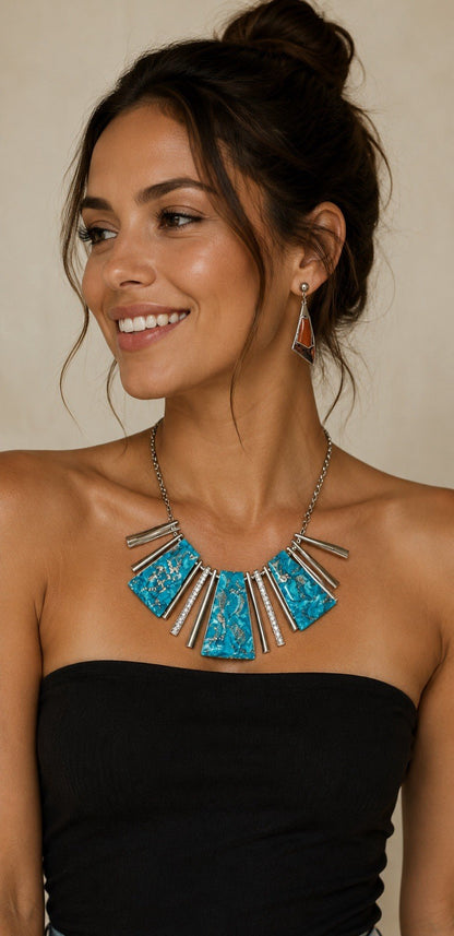 Turquoise Necklace Earrings Set Silver Tone Statement Jewelry - Lumi and Leo