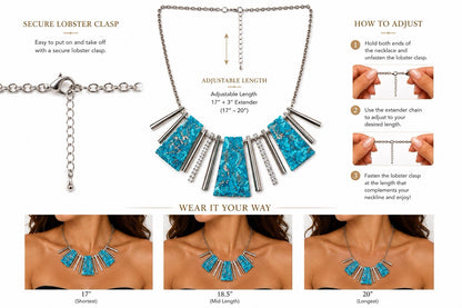 Turquoise Necklace Earrings Set Silver Tone Statement Jewelry - Lumi and Leo