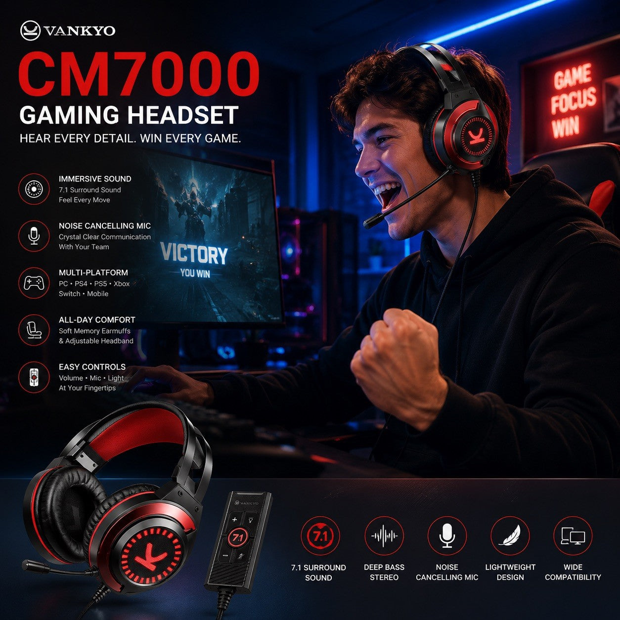 VANKYO CM7000 Commander Gaming Headset 7.1 USB RGB Mic PC PS5 PS4 Xbox - Lumi and Leo