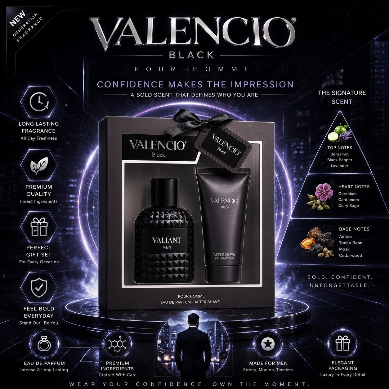 Valencio Black Men's Perfume Gift Set Eau de Parfum & After Shave