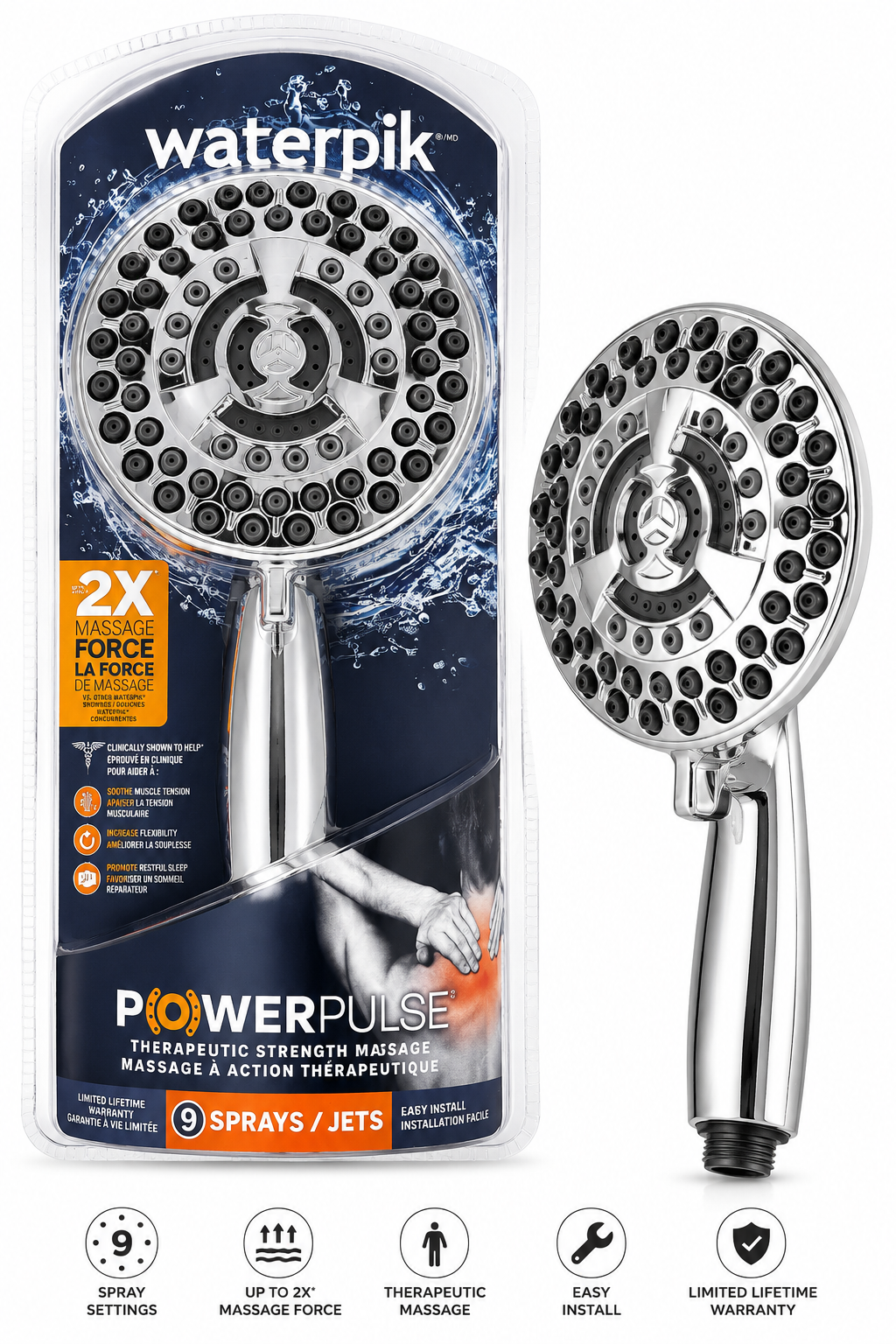 Waterpik PowerPulse Therapeutic Massage Shower Head 9 Spray Chrome