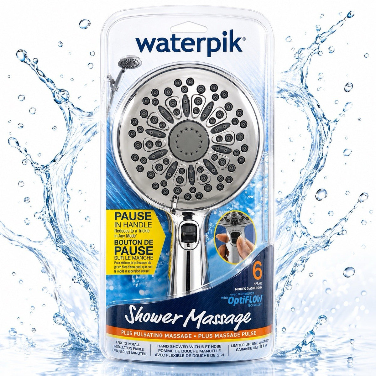 Waterpik VHX-663 PowerSpray+ 6-Spray Handheld Shower Head 5-Ft Hose Chrome - Lumi and Leo