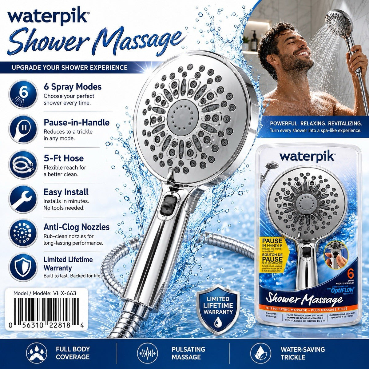 Waterpik VHX-663 PowerSpray+ 6-Spray Handheld Shower Head 5-Ft Hose Chrome - Lumi and Leo