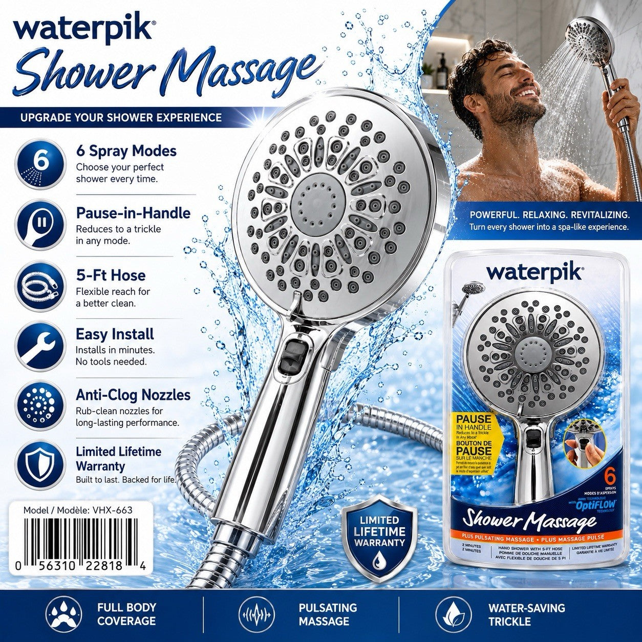 Waterpik VHX-663 PowerSpray+ 6-Spray Handheld Shower Head 5-Ft Hose Chrome