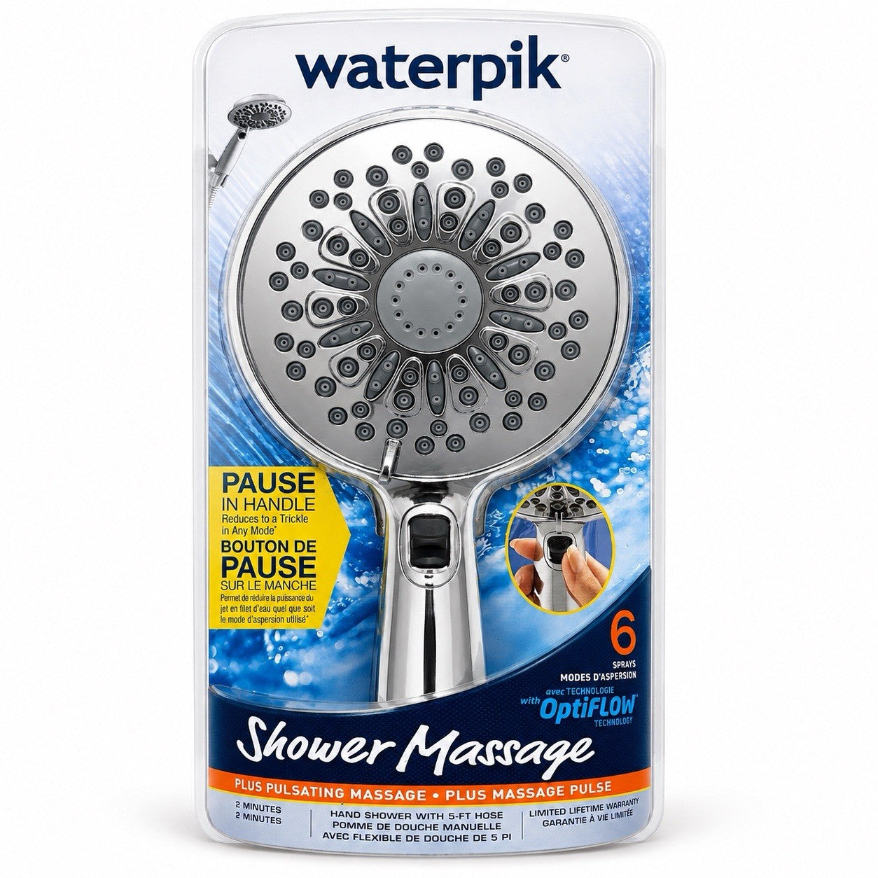 Waterpik VHX-663 PowerSpray+ 6-Spray Handheld Shower Head 5-Ft Hose Chrome