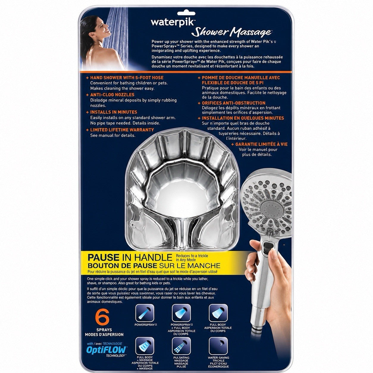 Waterpik VHX-663 PowerSpray+ 6-Spray Handheld Shower Head 5-Ft Hose Chrome - Lumi and Leo
