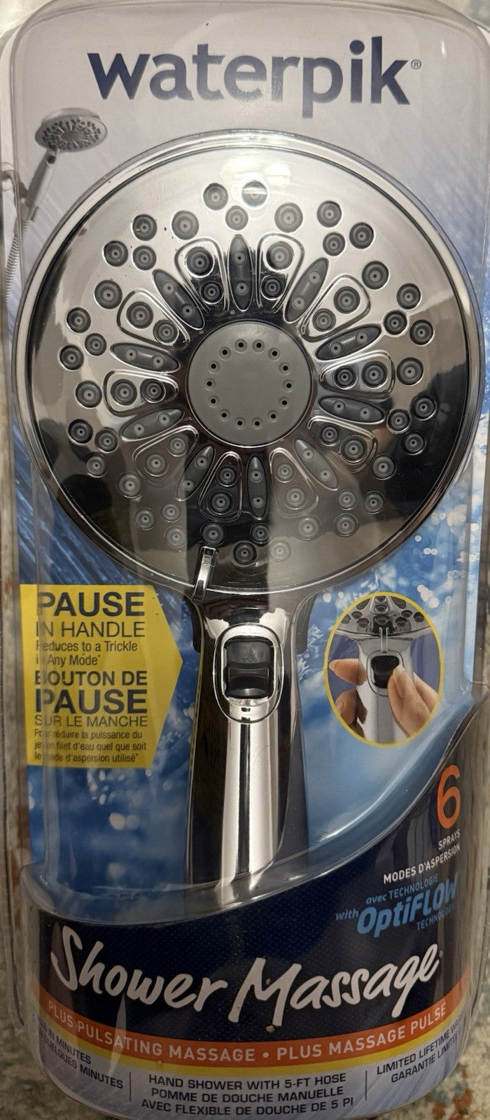 Waterpik VHX-663 PowerSpray+ 6-Spray Handheld Shower Head 5-Ft Hose Chrome