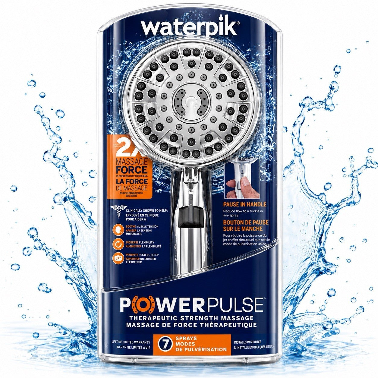 Waterpik XTP-863M PowerPulse 7-Spray Handheld Shower Head Chrome Pause Control - Lumi and Leo