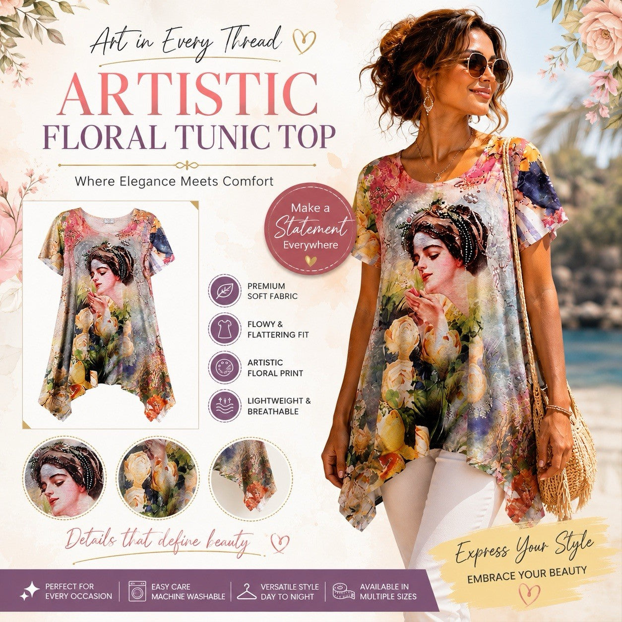 Women Artistic Floral Tunic Top Multiple Sizes Available Let Us Know Your Size - Lumi and Leo