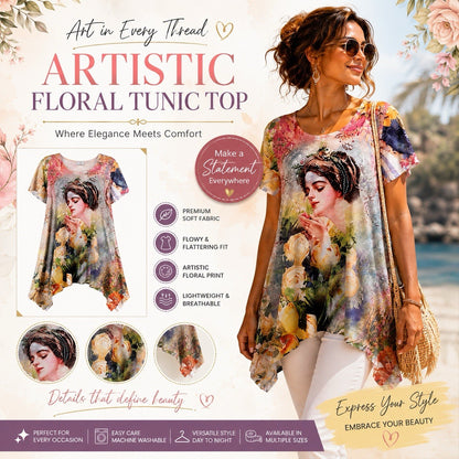 Women Artistic Floral Tunic Top Multiple Sizes Available Let Us Know Your Size - Lumi and Leo