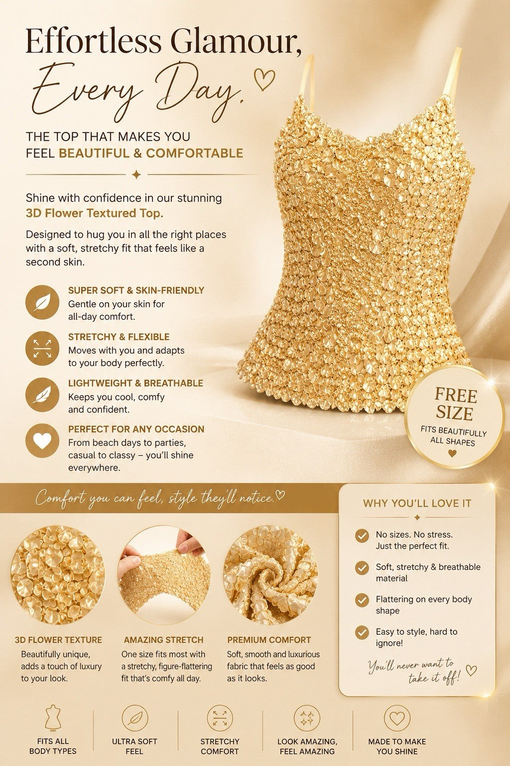 Women’s 3D Floral Textured Stretch Cami Top – Free Size Gold Party Clubwear Tank - Lumi and Leo