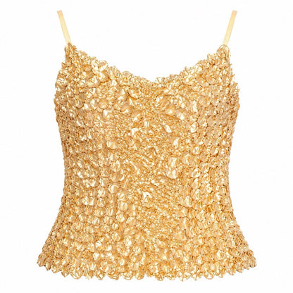 Women’s 3D Floral Textured Stretch Cami Top – Free Size Gold Party Clubwear Tank - Lumi and Leo