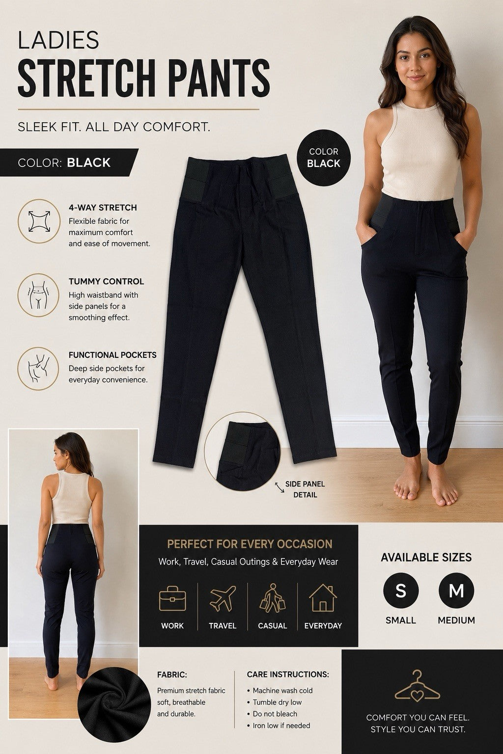 Women's Black Stretch Pull On Pants High Waist Slim Fit Pockets Size Medium