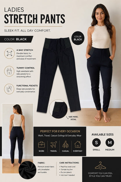 Women's Black Stretch Pull On Pants High Waist Slim Fit Pockets Size Medium - Lumi and Leo