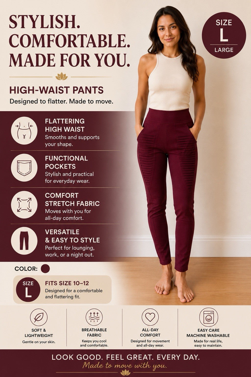 Women's Burgundy High Waist Skinny Stretch Pants Pull On Size Large