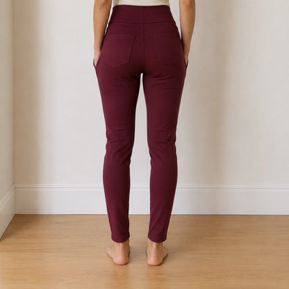 Women's Burgundy High Waist Skinny Stretch Pants Pull On Size Large - Lumi and Leo