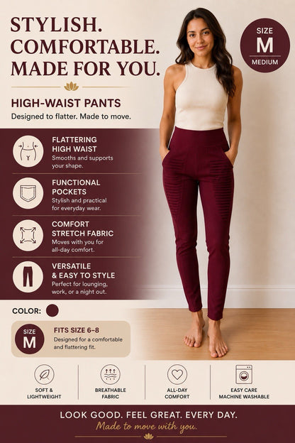 Women's Burgundy High Waist Skinny Stretch Pants Pull On Size Medium - Lumi and Leo