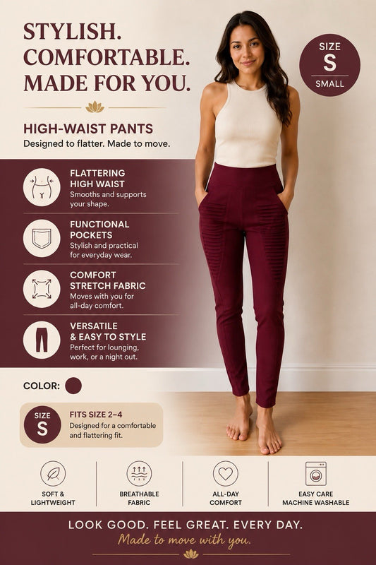 Women's Burgundy High Waist Skinny Stretch Pants Pull On Size Small - Lumi and Leo