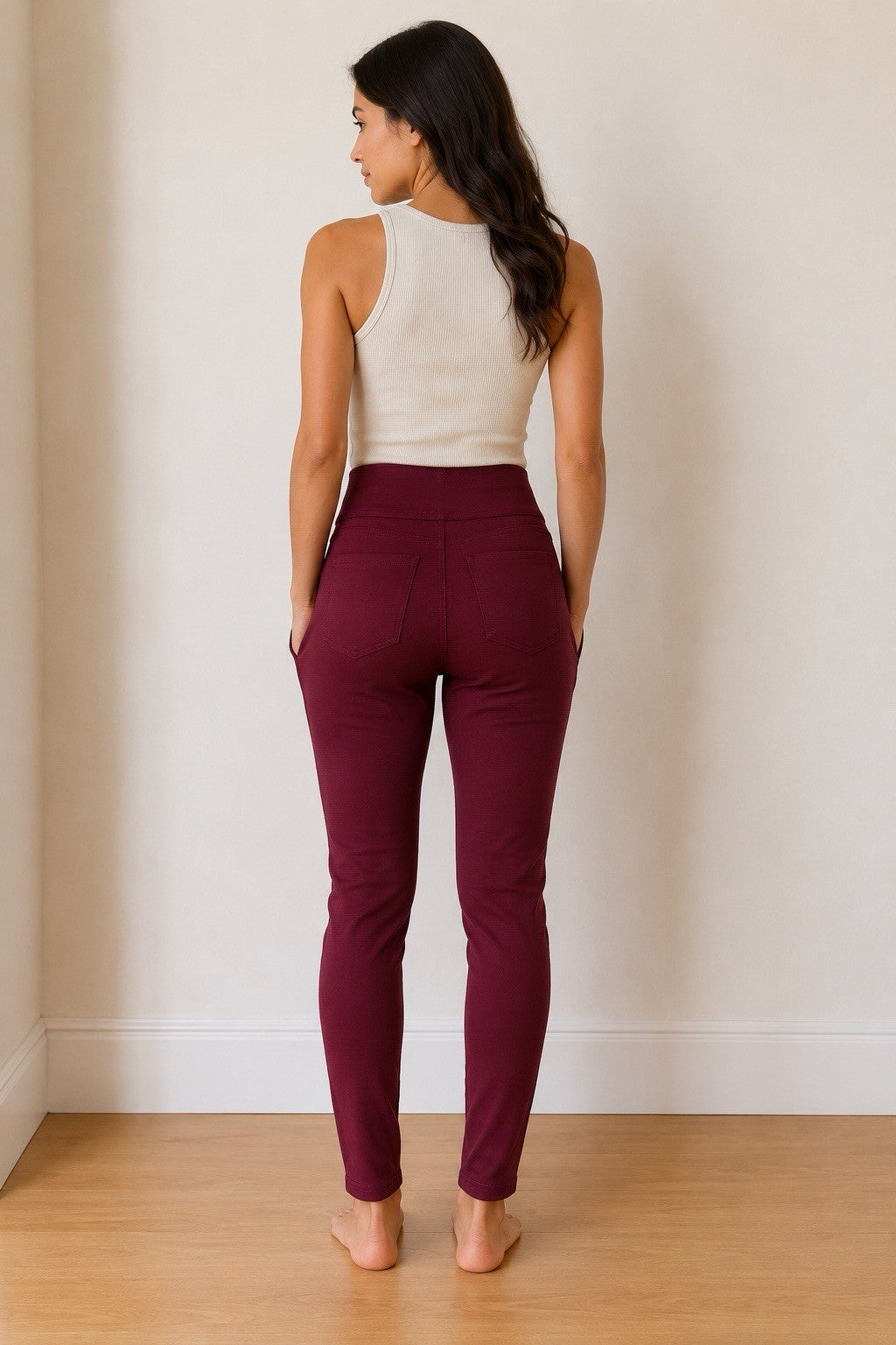 Women's Burgundy High Waist Skinny Stretch Pants Pull On Size Small